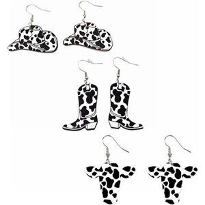 Cow Print Western Earrings – 3-Pack Set with Hats, Boots & Cows- Dangle Earrings